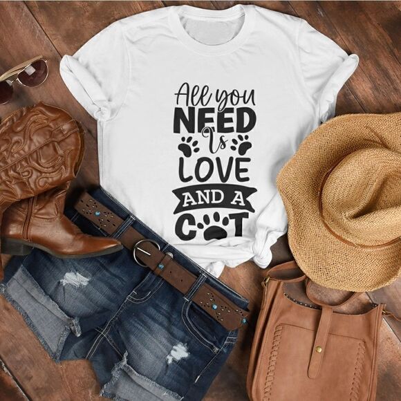 Graphic Print T-Shirt  All You Need is Love and a Cat for Cat Lovers Mom T-Shirt - Picture 10 of 10
